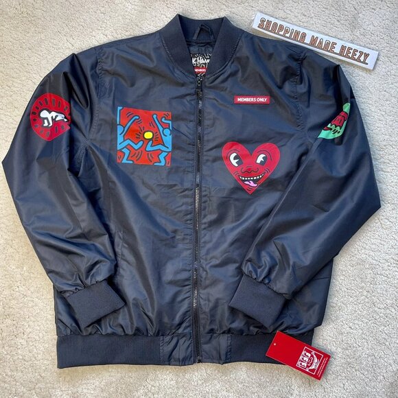 [L] KEITH HARING x MEMBERS ONLY Pyramid Heart Dance Artwork Bomber Jacket Black - Picture 5 of 10